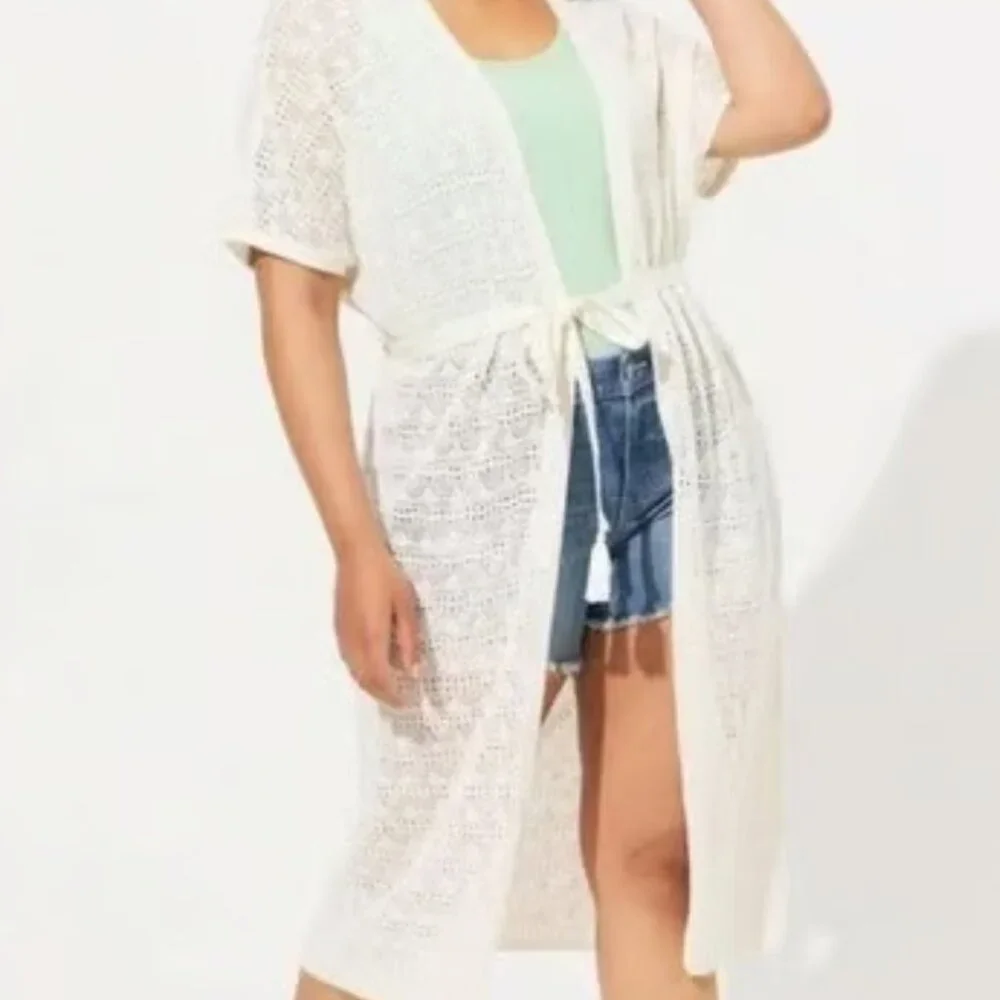 NEW Crochet Duster Short Sleeve Tie Waist Sweater White‎ Longline Cardigan